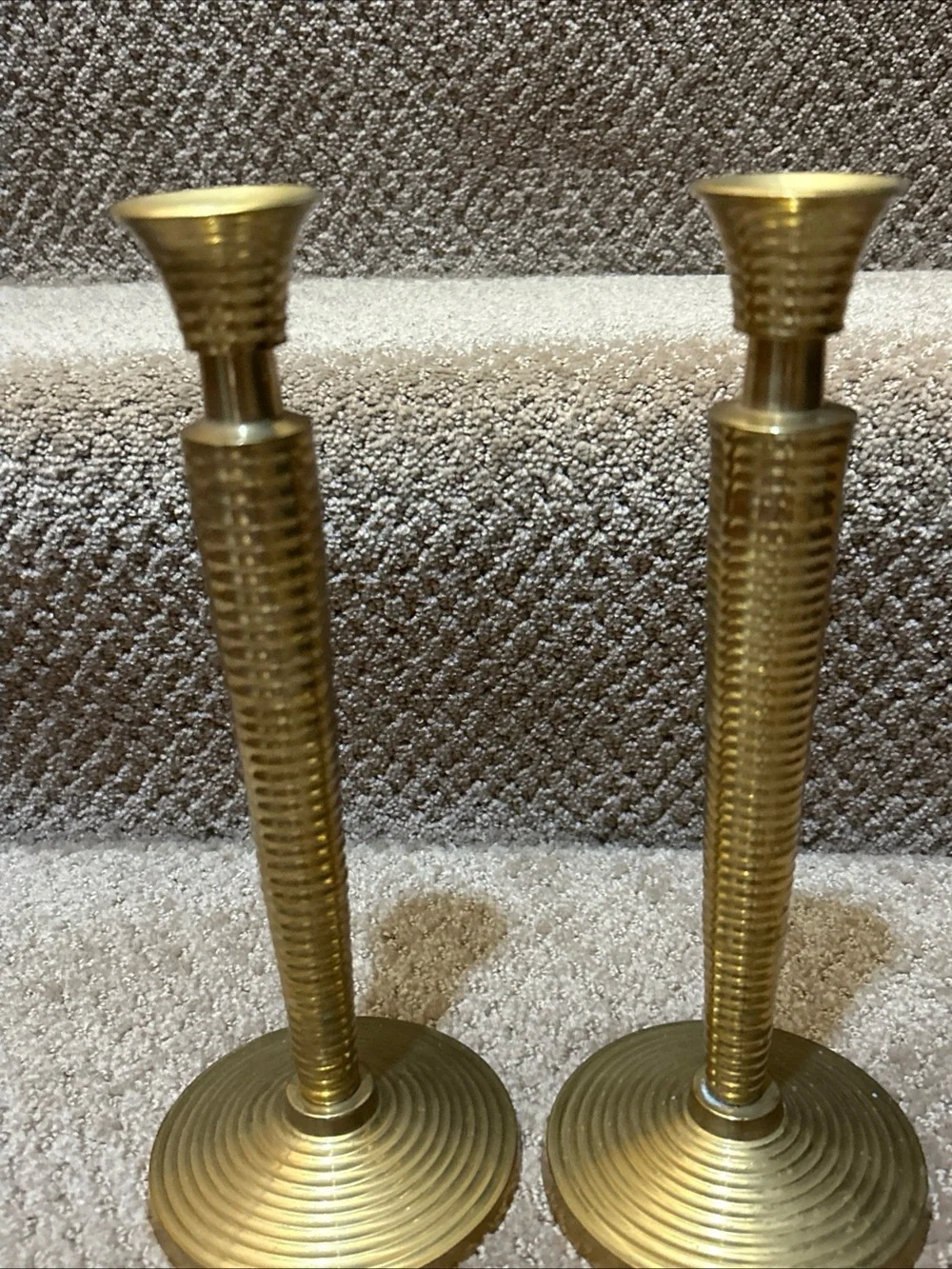Vtg Heavy Brass candlesticks Ribbed MCM Design 10” Pair, Patina Biedermann India